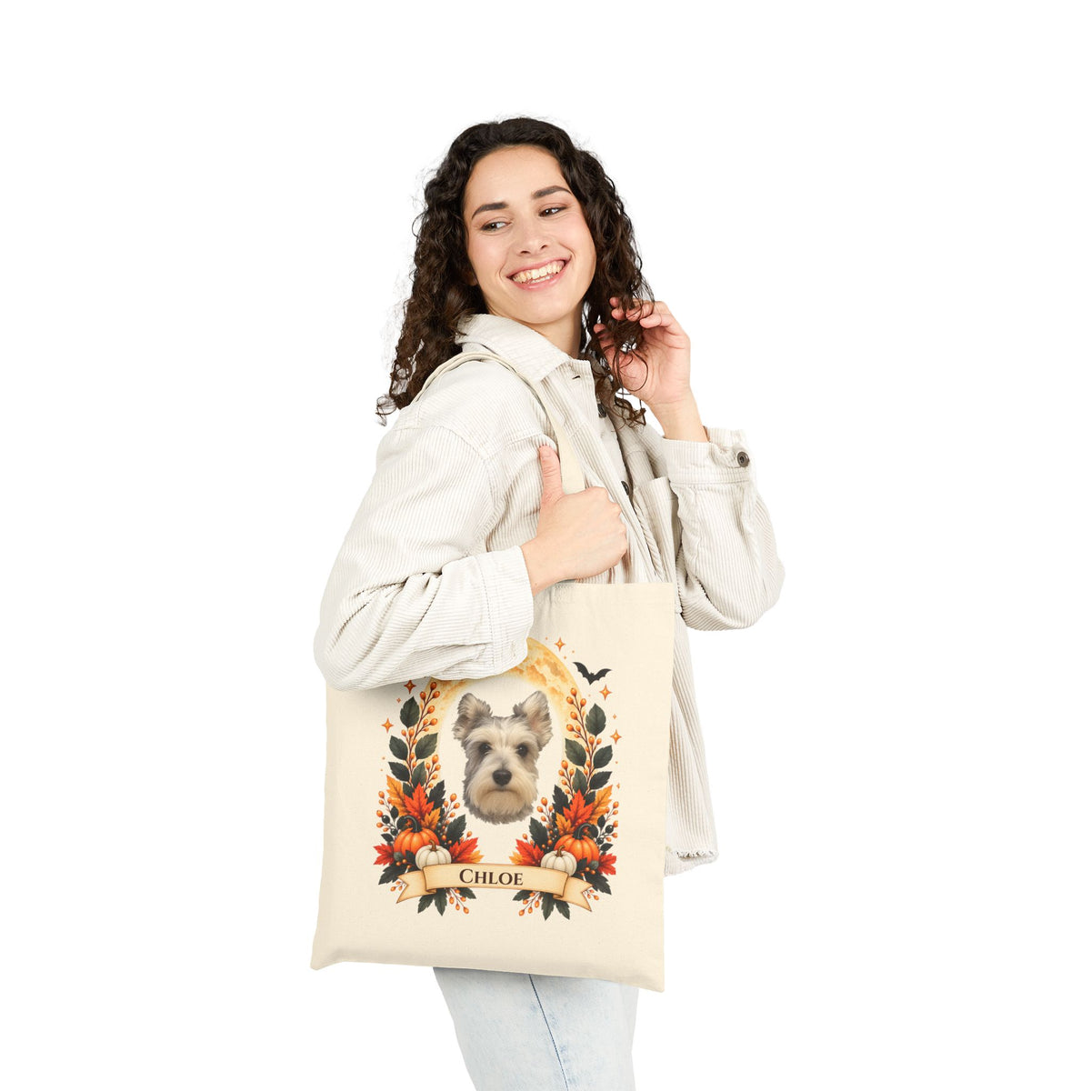 Personalized Dog Portrait Tote Bag — Custom Pet Photo & Name - Floral Fall Design