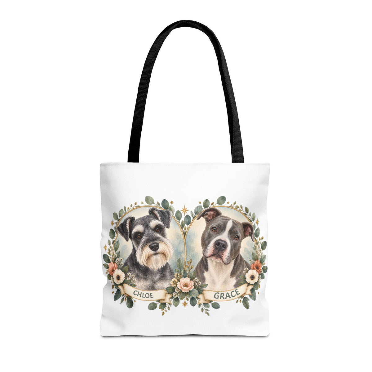 Personalized Pet Portrait Tote Bag — Floral Double Dog Hearts (Chloe & Grace)