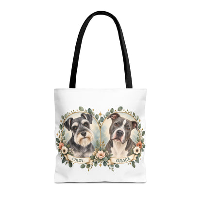 Personalized Pet Portrait Tote Bag — Floral Double Dog Hearts (Chloe & Grace)