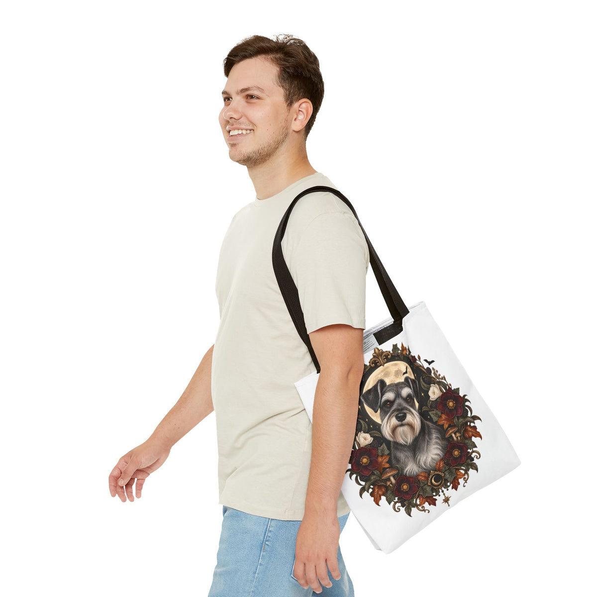 Schnauzer Moon Floral Tote Bag — Autumn Gothic Dog Portrait Tote