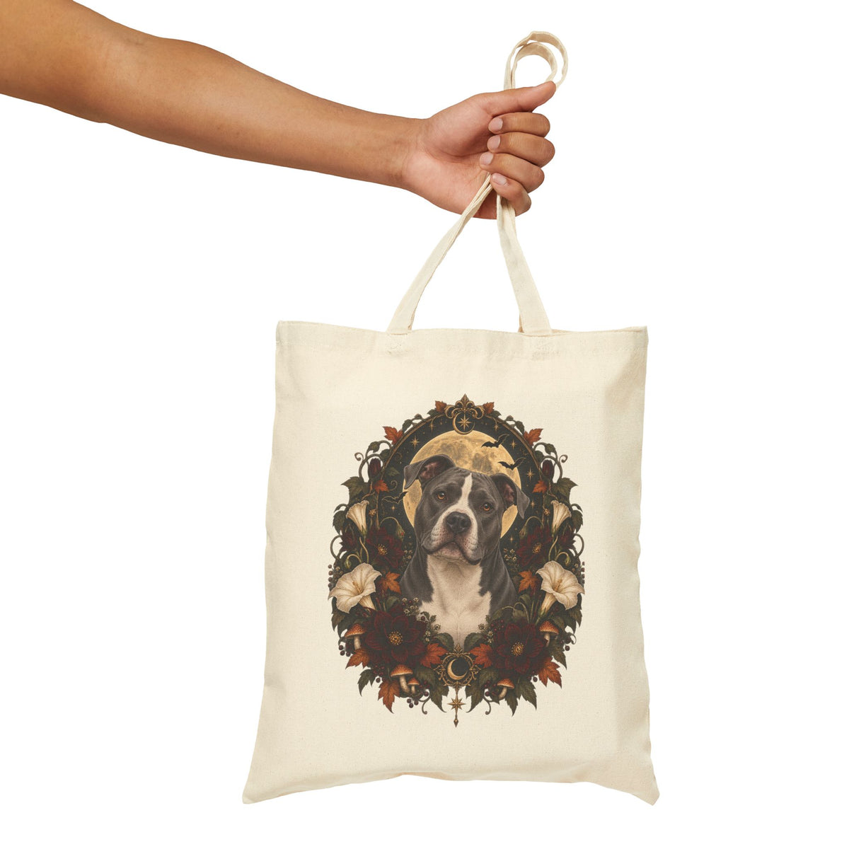 Canvas Tote Bag — Floral Wreath Pitbull Portrait Eco Shopper