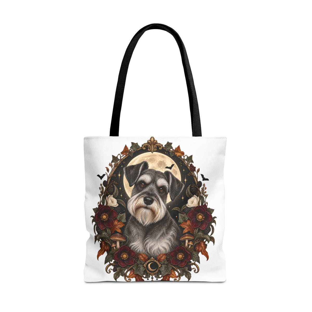 Schnauzer Moon Floral Tote Bag — Autumn Gothic Dog Portrait Tote