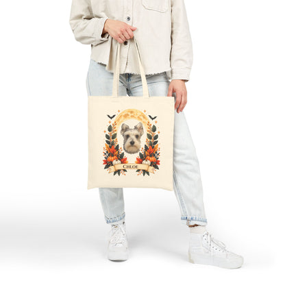 Personalized Dog Portrait Tote Bag — Custom Pet Photo & Name - Floral Fall Design