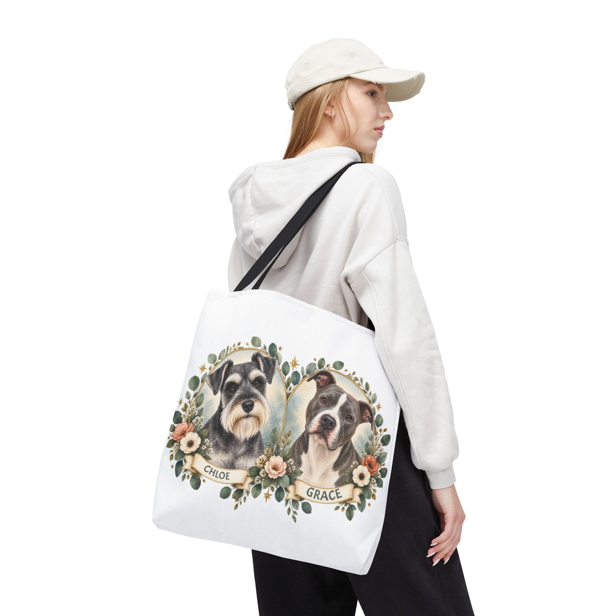 Personalized Pet Portrait Tote Bag — Floral Double Dog Hearts (Chloe & Grace)