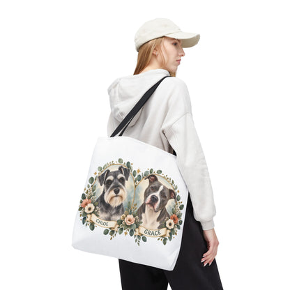 Personalized Pet Portrait Tote Bag — Floral Double Dog Hearts (Chloe & Grace)