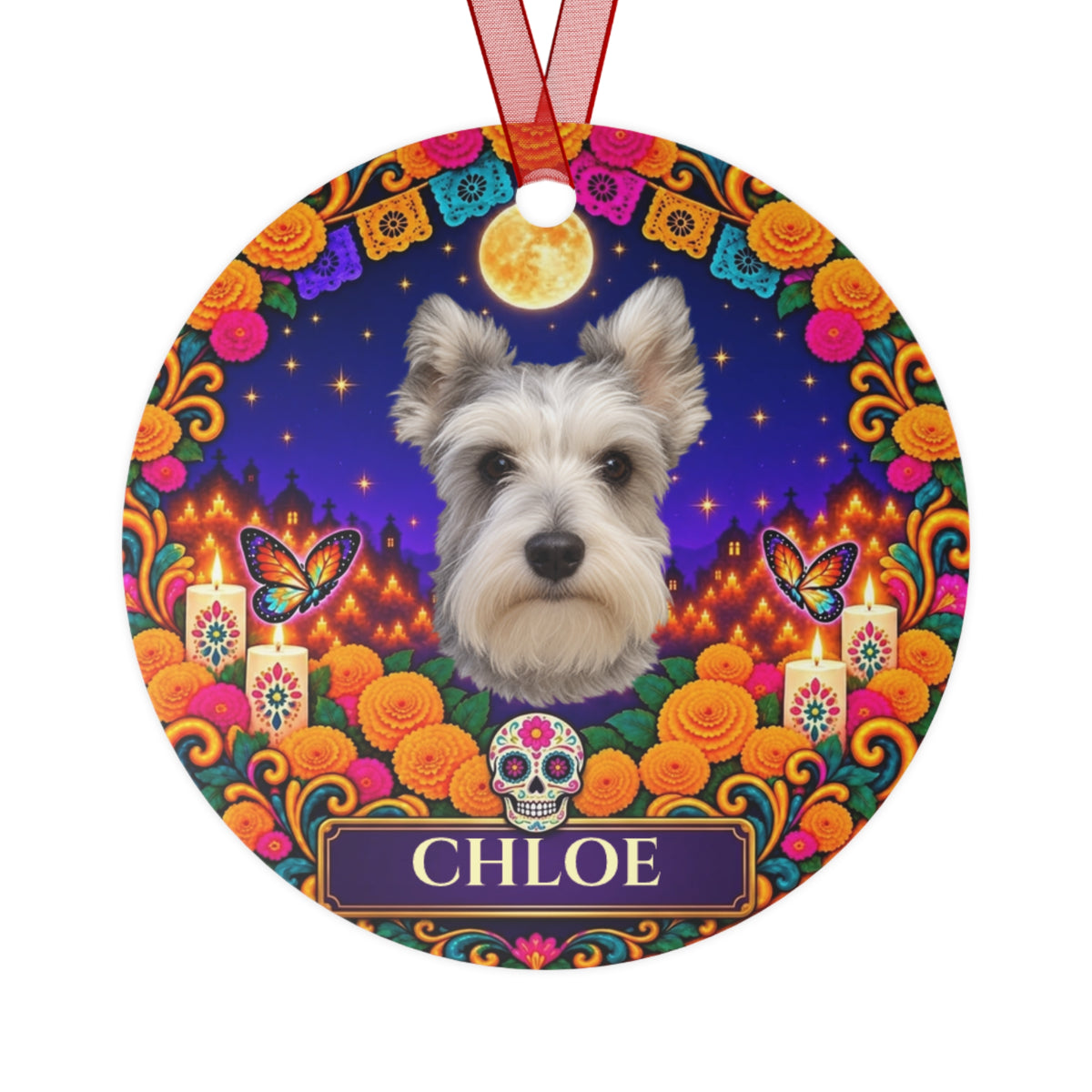 Personalized Pet Photo Ornament – Dia de los Muertos Metal Ornament with Custom Name, Dog or Cat Memorial Keepsake Gift