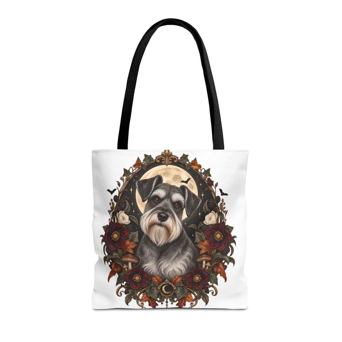 Schnauzer Moon Floral Tote Bag — Autumn Gothic Dog Portrait Tote