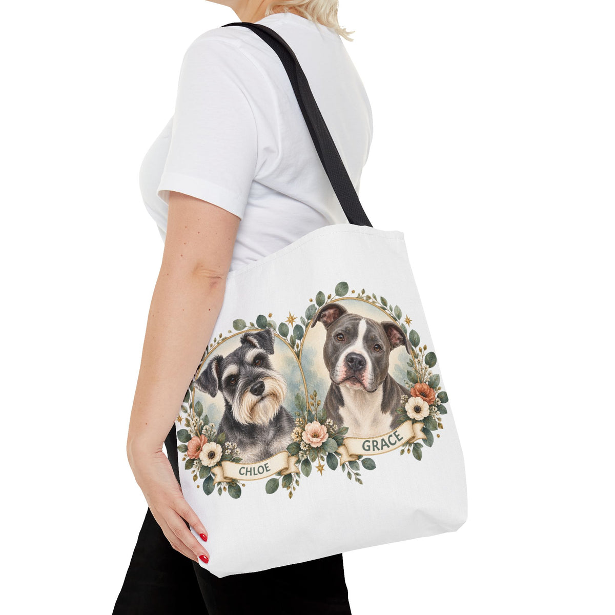 Personalized Pet Portrait Tote Bag — Floral Double Dog Hearts (Chloe & Grace)