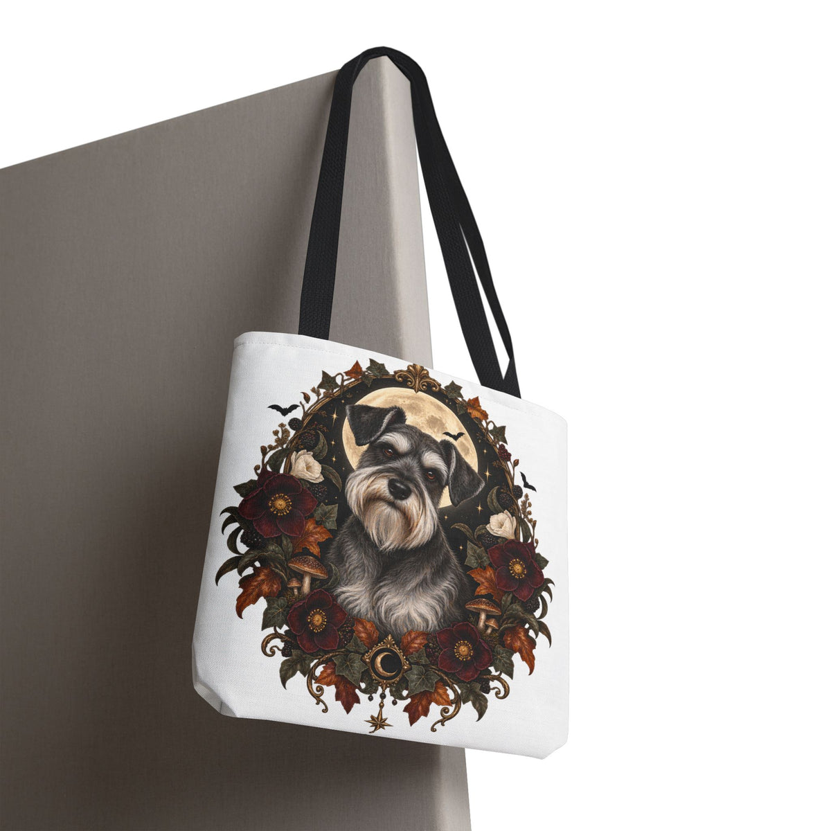 Schnauzer Moon Floral Tote Bag — Autumn Gothic Dog Portrait Tote