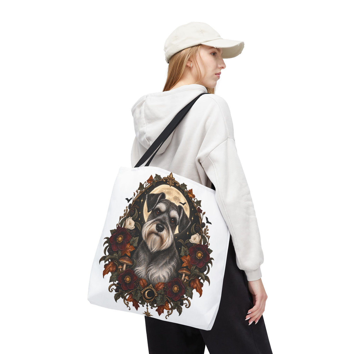 Schnauzer Moon Floral Tote Bag — Autumn Gothic Dog Portrait Tote