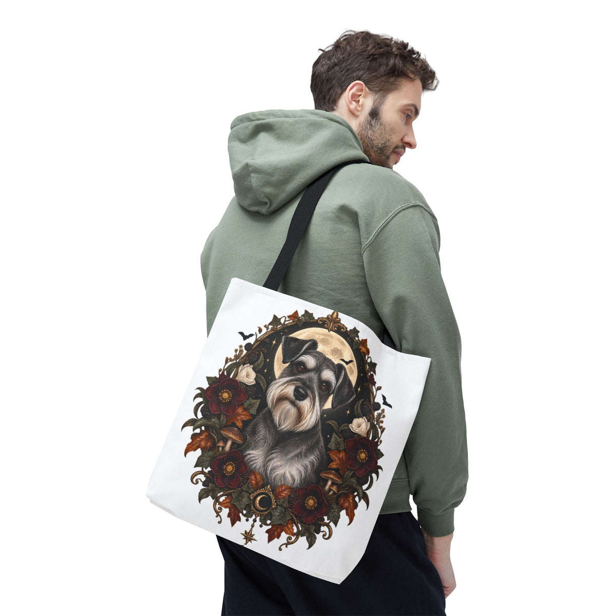 Schnauzer Moon Floral Tote Bag — Autumn Gothic Dog Portrait Tote
