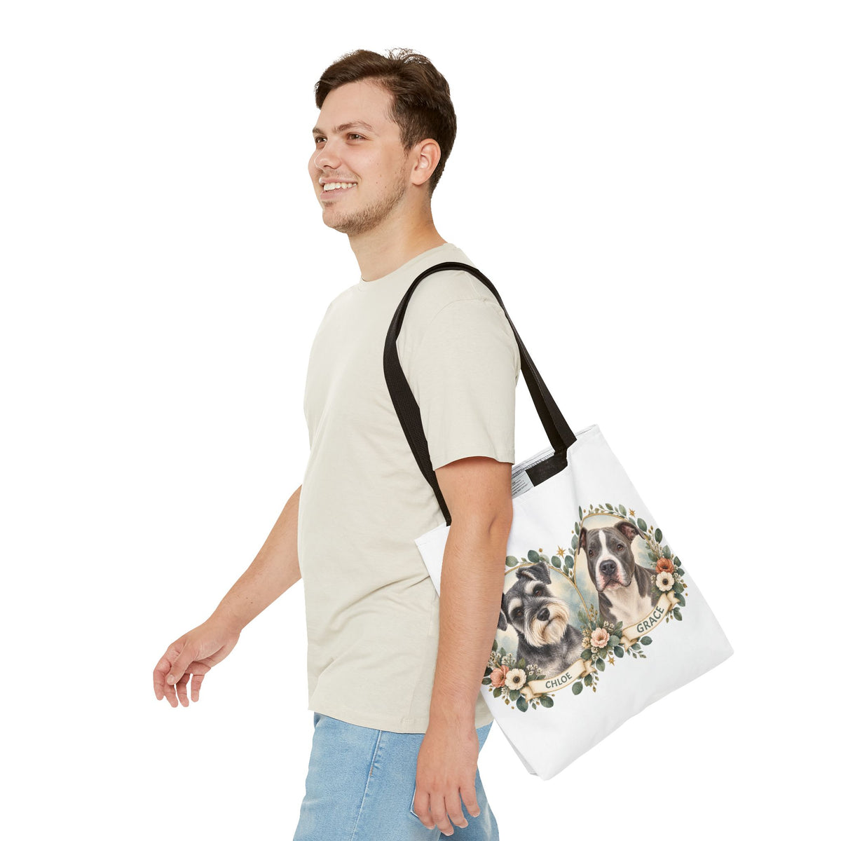 Personalized Pet Portrait Tote Bag — Floral Double Dog Hearts (Chloe & Grace)