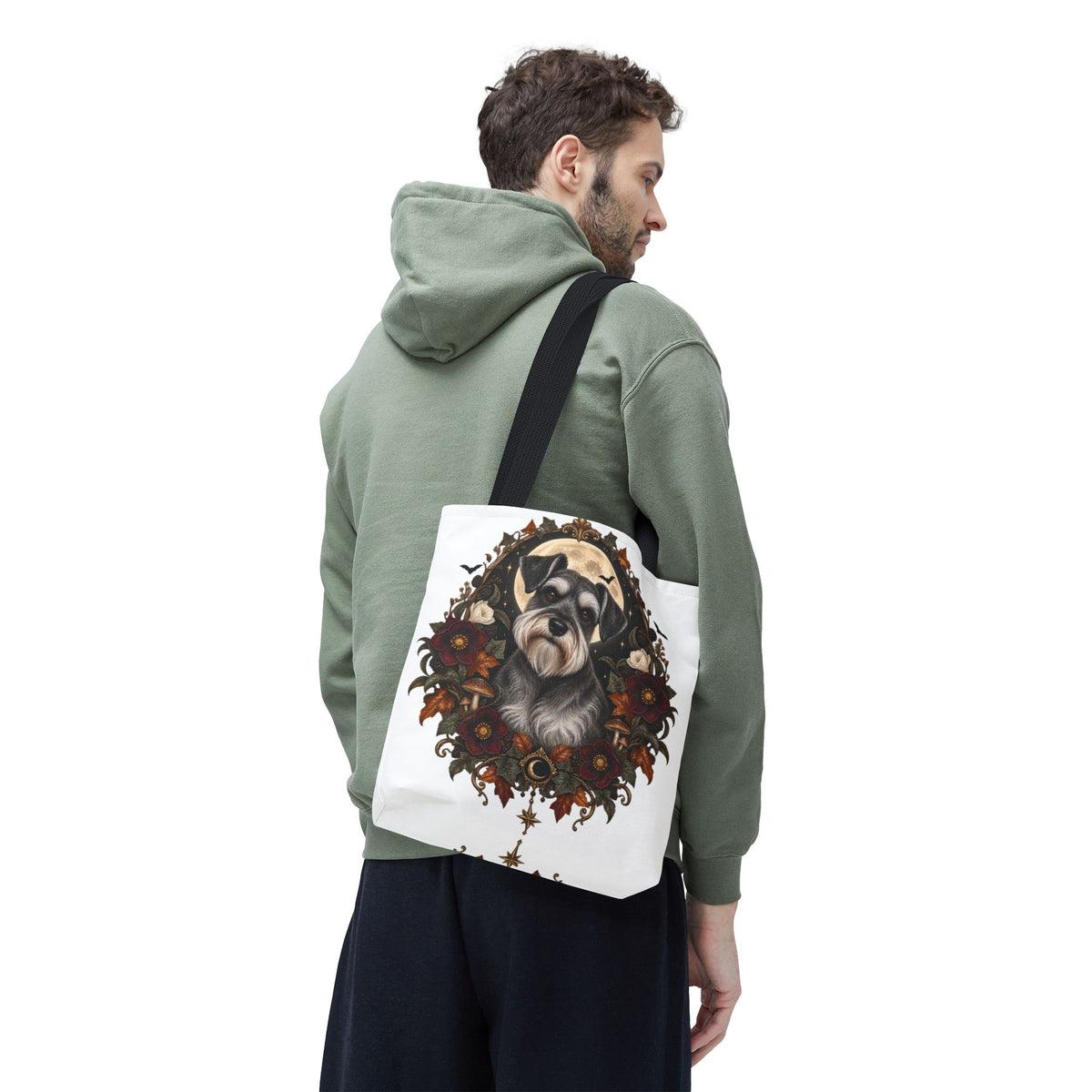 Schnauzer Moon Floral Tote Bag — Autumn Gothic Dog Portrait Tote