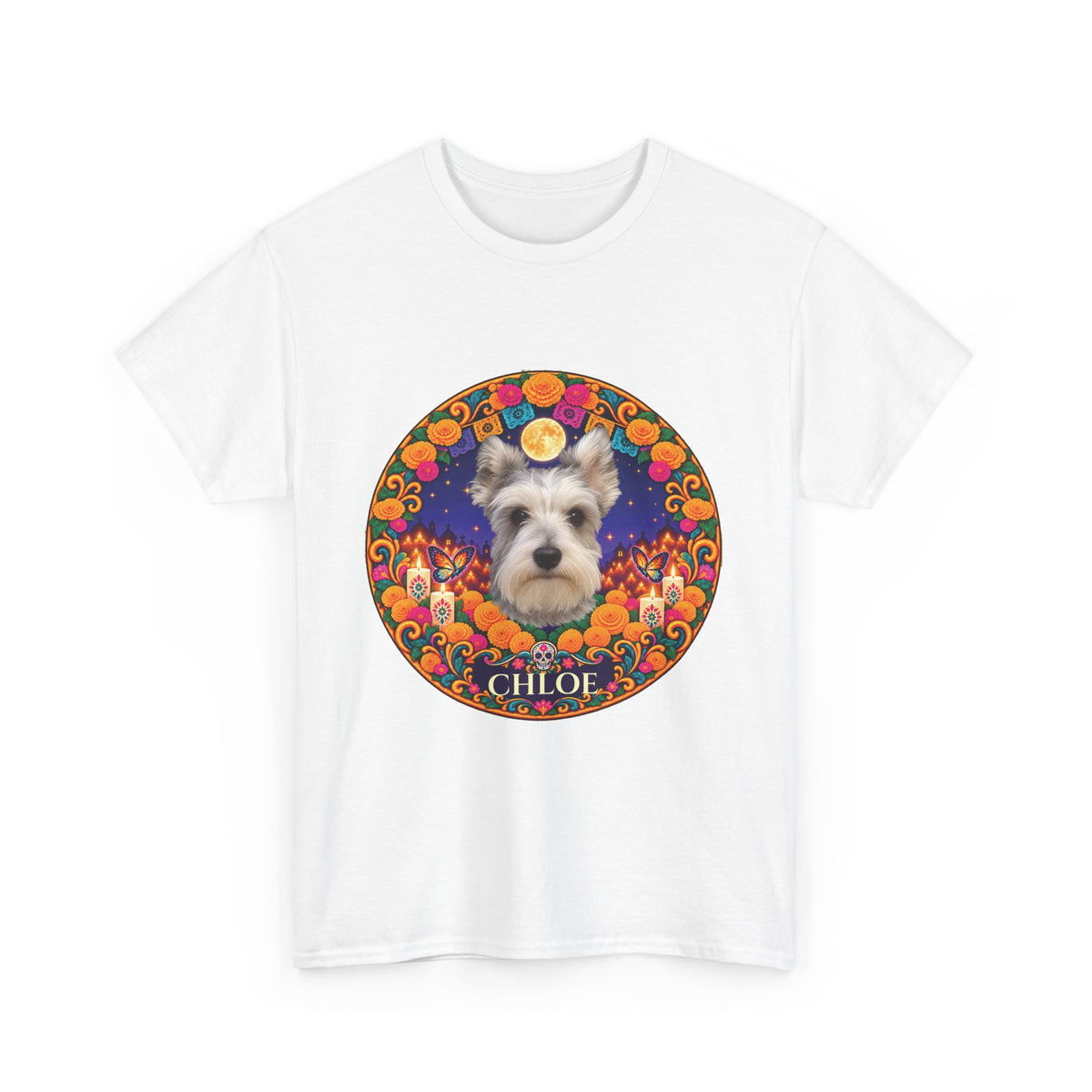 Personalized Dog Portrait T-Shirt – Día de los Muertos Wreath Design with Custom Photo & Name, Matching Pet Memorial Gift