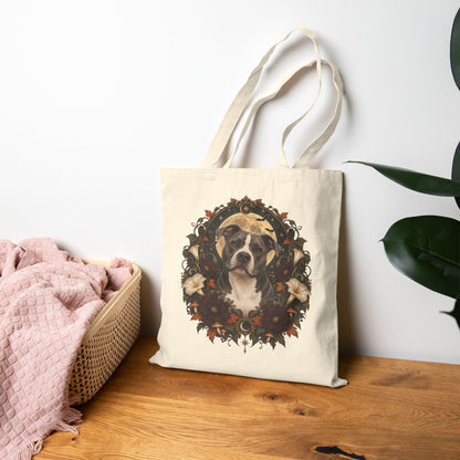Canvas Tote Bag — Floral Wreath Pitbull Portrait Eco Shopper