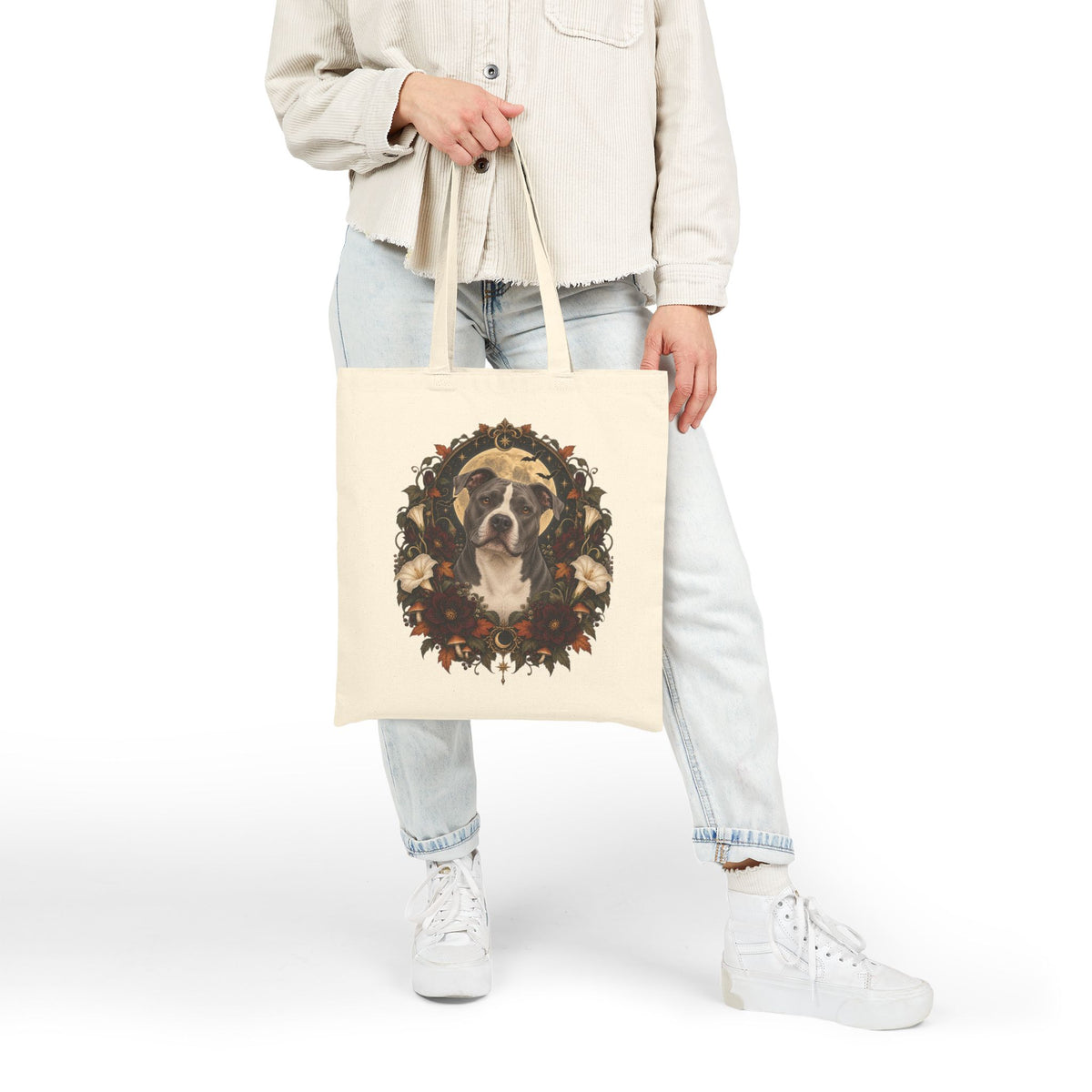 Canvas Tote Bag — Floral Wreath Pitbull Portrait Eco Shopper