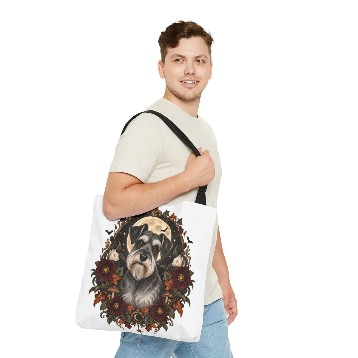 Schnauzer Moon Floral Tote Bag — Autumn Gothic Dog Portrait Tote