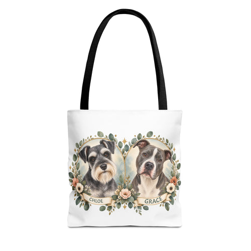 Personalized Pet Portrait Tote Bag — Floral Double Dog Hearts (Chloe & Grace)