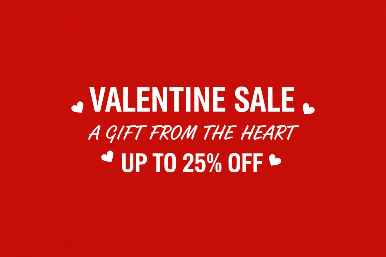 Red sale banner with " Valentine's DAY
SALE UP TO 25% OFF' text