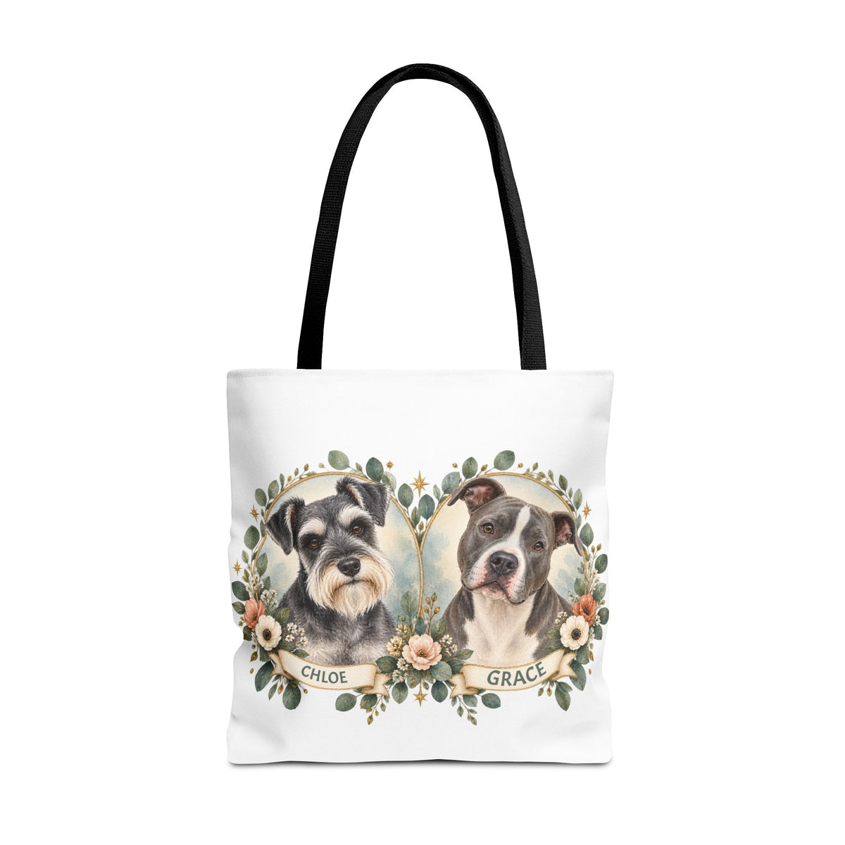 Personalized Pet Portrait Tote Bag — Floral Double Dog Hearts (Chloe & Grace)