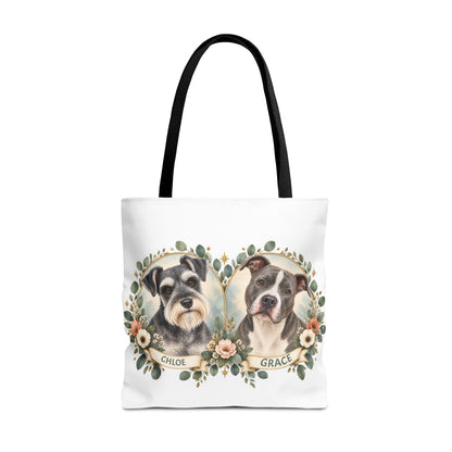 Personalized Pet Portrait Tote Bag — Floral Double Dog Hearts (Chloe & Grace)