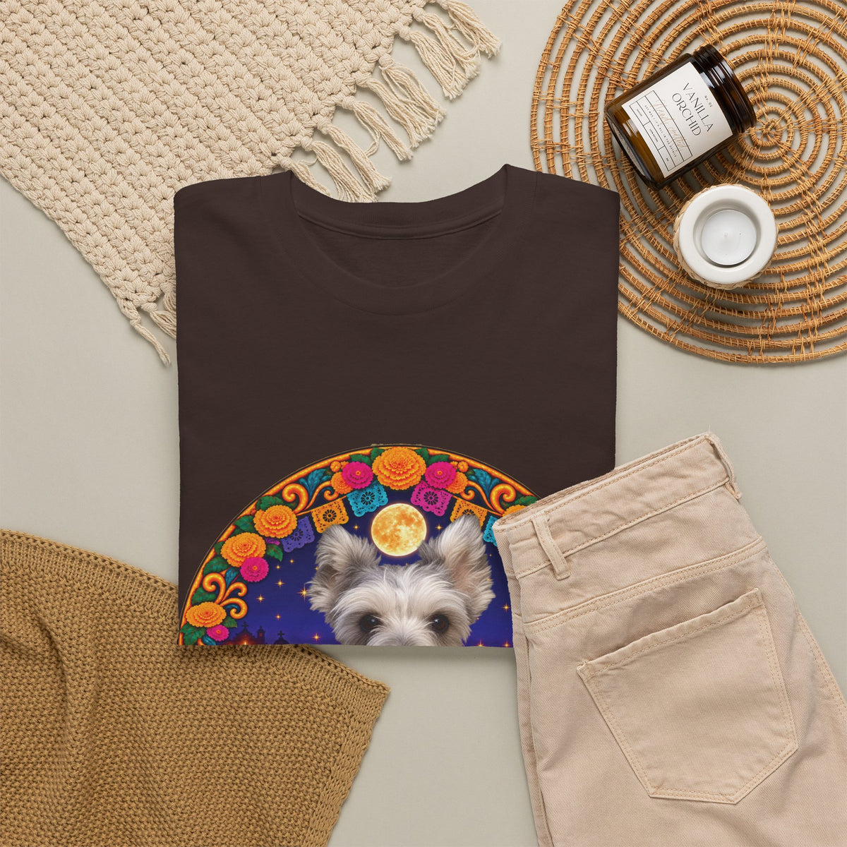 Personalized Dog Portrait T-Shirt – Día de los Muertos Wreath Design with Custom Photo & Name, Matching Pet Memorial Gift