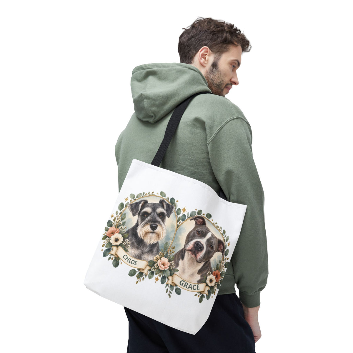 Personalized Pet Portrait Tote Bag — Floral Double Dog Hearts (Chloe & Grace)