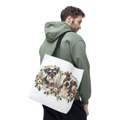 Personalized Pet Portrait Tote Bag — Floral Double Dog Hearts (Chloe & Grace)