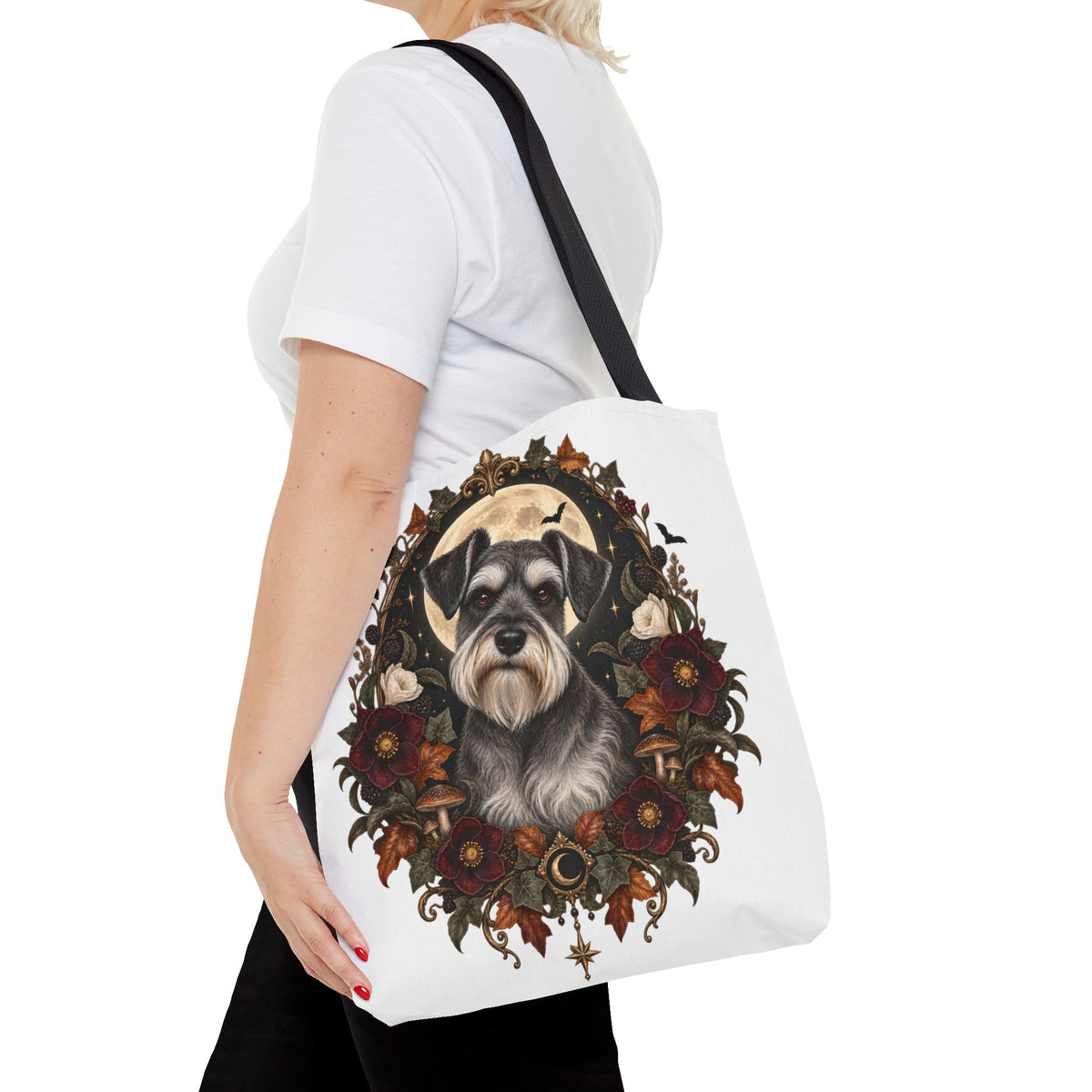 Schnauzer Moon Floral Tote Bag — Autumn Gothic Dog Portrait Tote