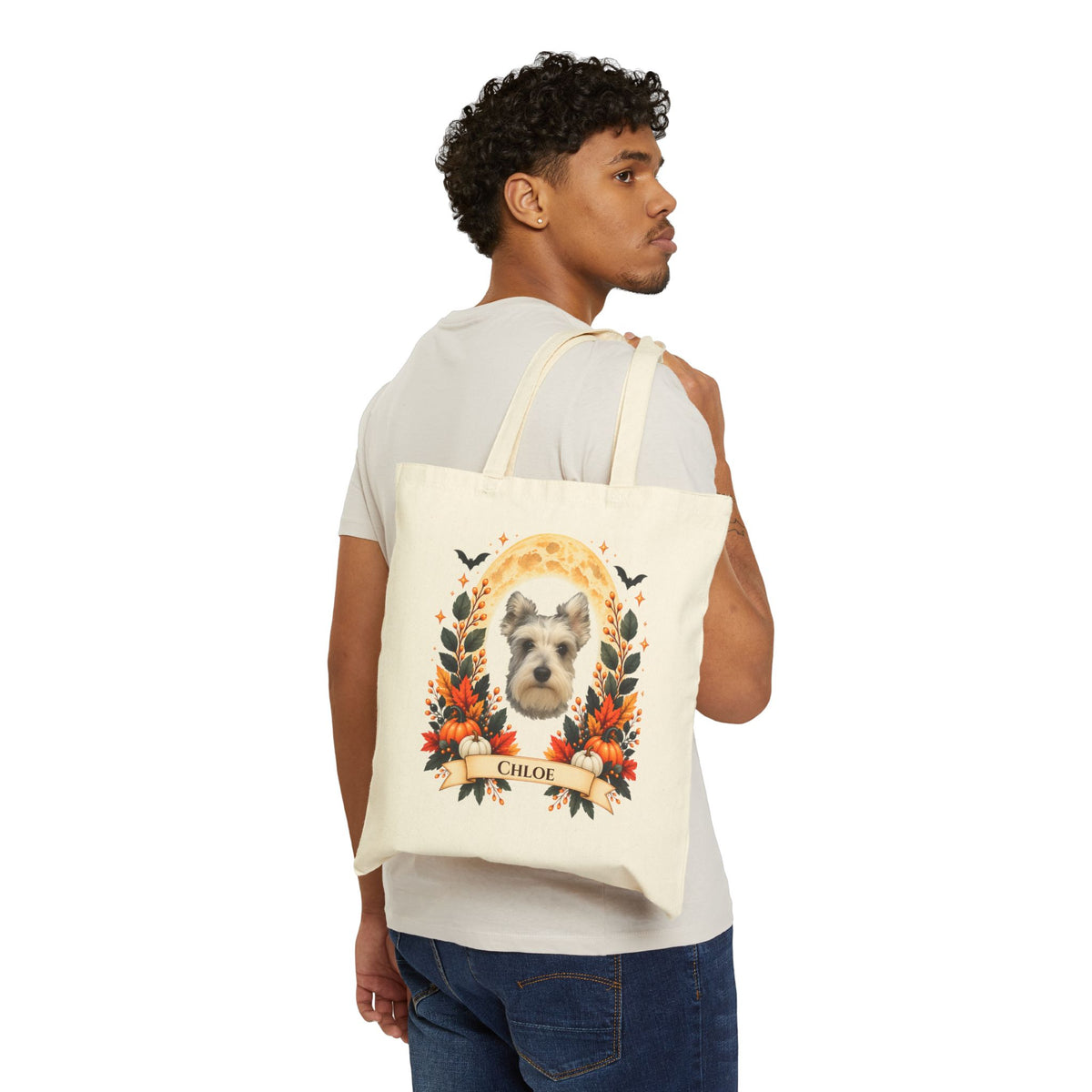 Personalized Dog Portrait Tote Bag — Custom Pet Photo & Name - Floral Fall Design