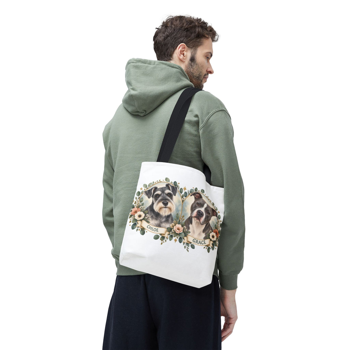 Personalized Pet Portrait Tote Bag — Floral Double Dog Hearts (Chloe & Grace)