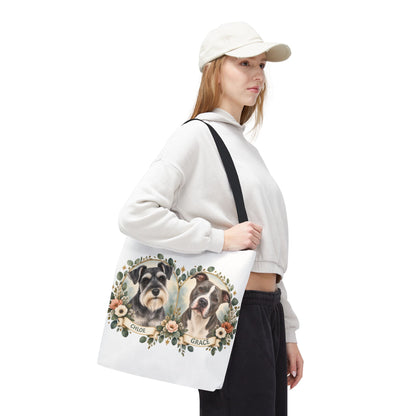 Personalized Pet Portrait Tote Bag — Floral Double Dog Hearts (Chloe & Grace)
