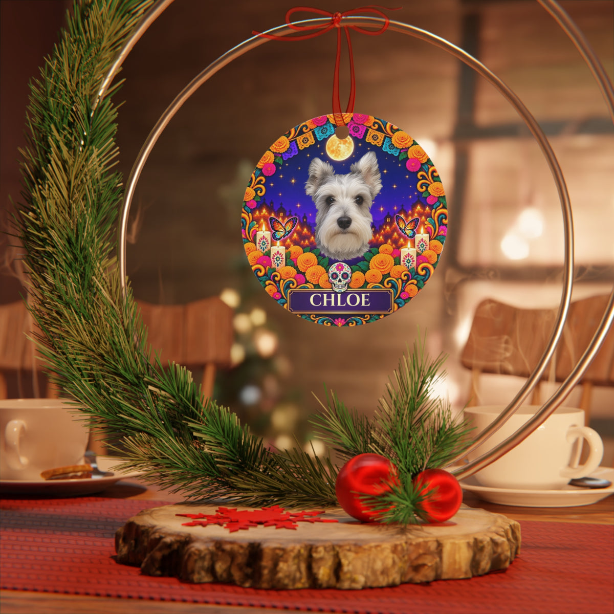 Personalized Pet Photo Ornament – Dia de los Muertos Metal Ornament with Custom Name, Dog or Cat Memorial Keepsake Gift