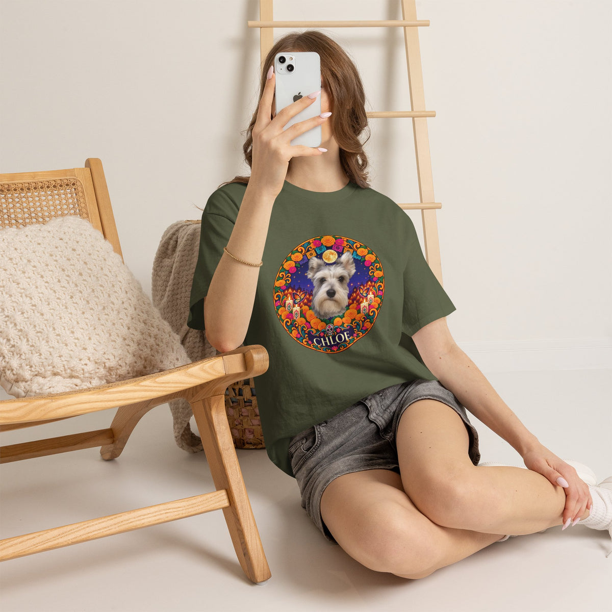 Personalized Dog Portrait T-Shirt – Día de los Muertos Wreath Design with Custom Photo & Name, Matching Pet Memorial Gift