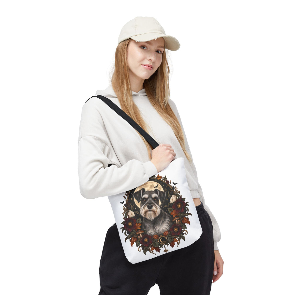 Schnauzer Moon Floral Tote Bag — Autumn Gothic Dog Portrait Tote