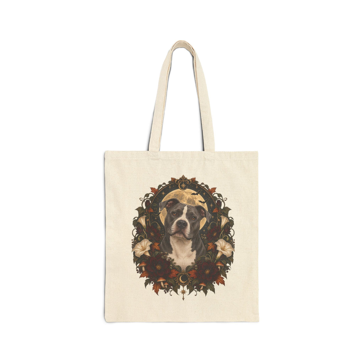 Canvas Tote Bag — Floral Wreath Pitbull Portrait Eco Shopper