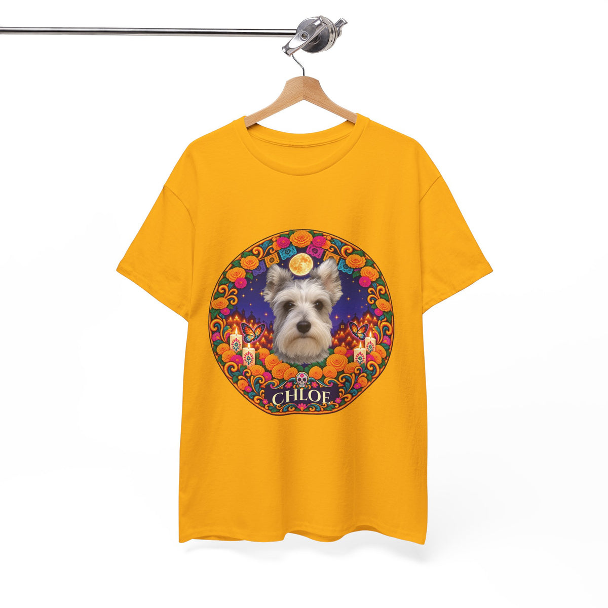 Personalized Dog Portrait T-Shirt – Día de los Muertos Wreath Design with Custom Photo & Name, Matching Pet Memorial Gift