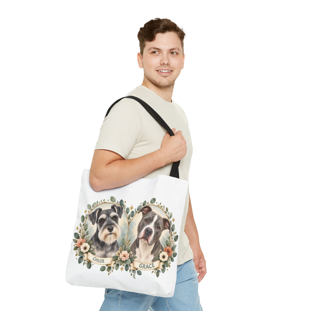 Personalized Pet Portrait Tote Bag — Floral Double Dog Hearts (Chloe & Grace)