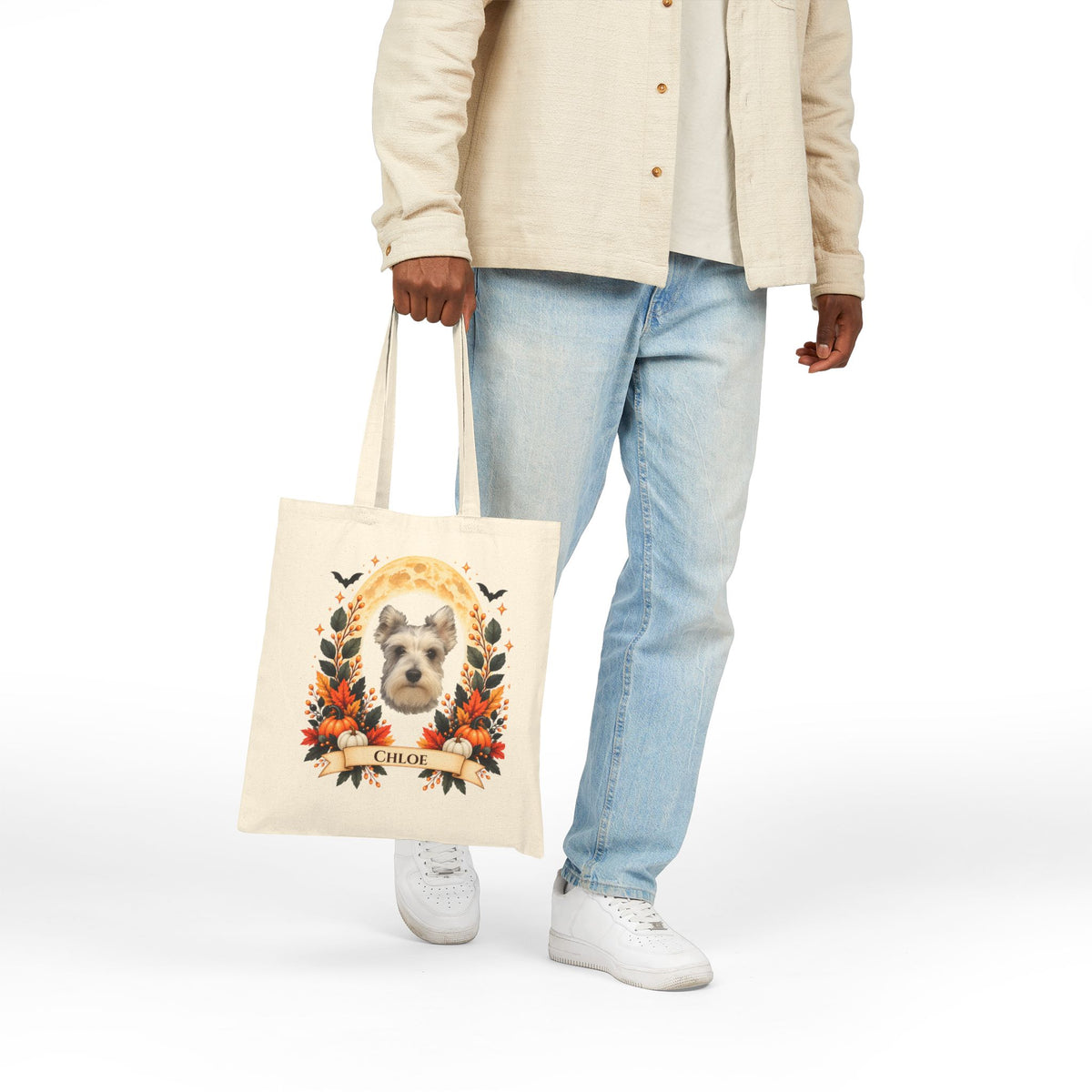Personalized Dog Portrait Tote Bag — Custom Pet Photo & Name - Floral Fall Design