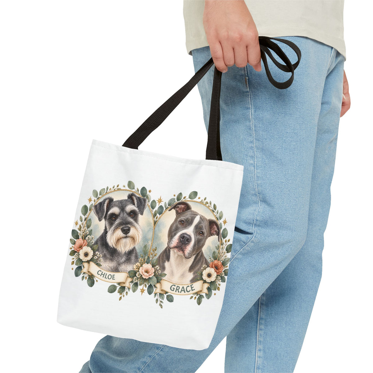 Personalized Pet Portrait Tote Bag — Floral Double Dog Hearts (Chloe & Grace)
