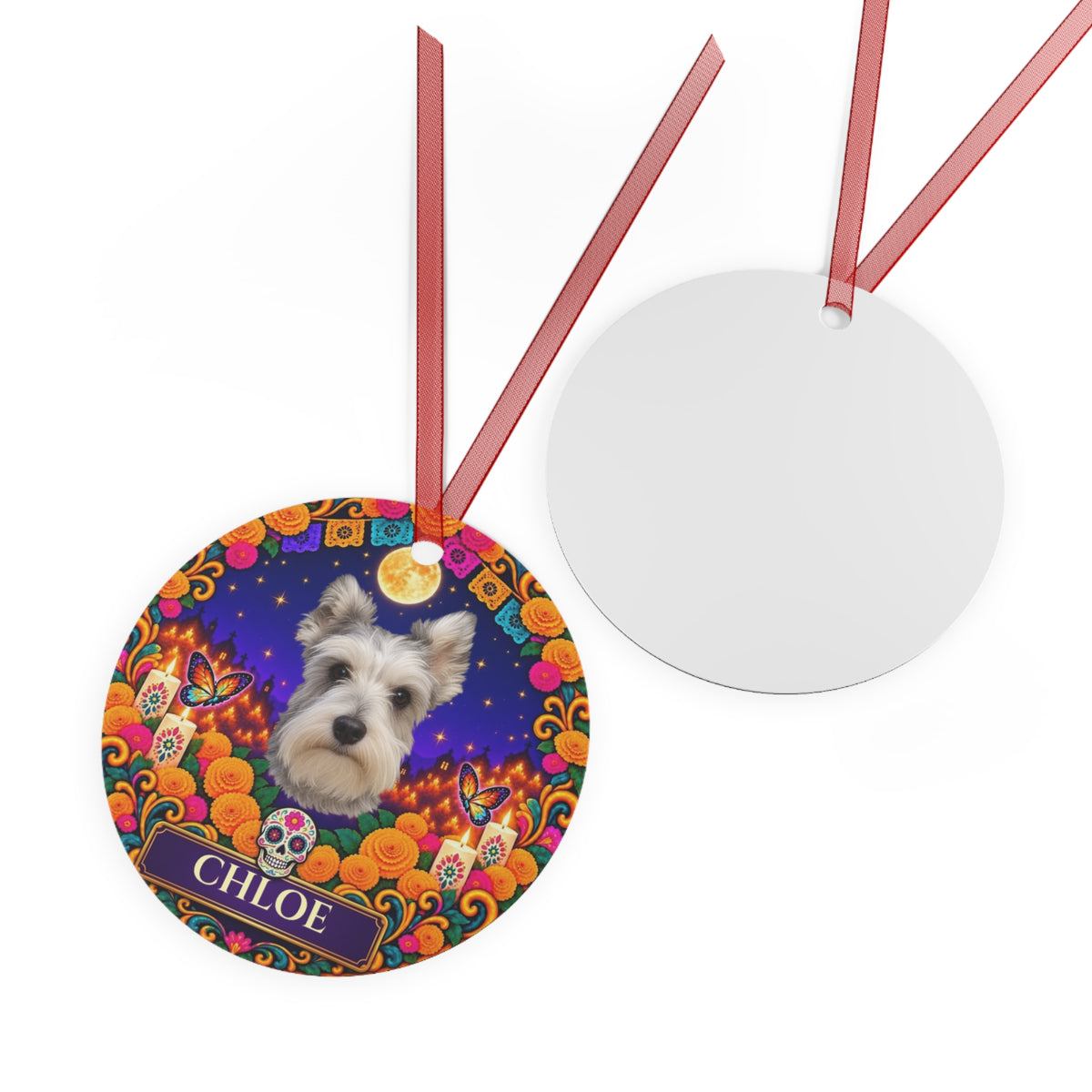 Personalized Pet Photo Ornament – Dia de los Muertos Metal Ornament with Custom Name, Dog or Cat Memorial Keepsake Gift