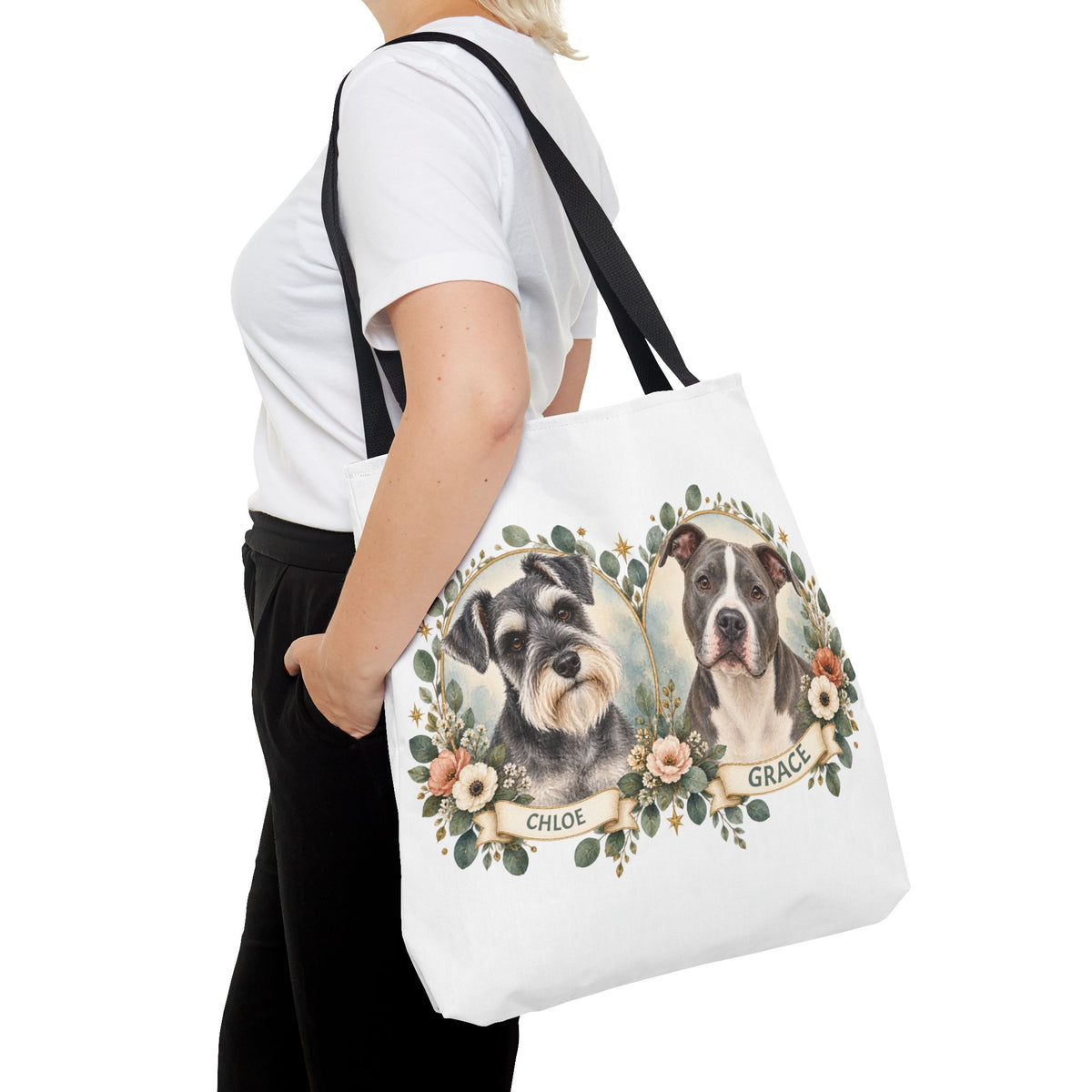 Personalized Pet Portrait Tote Bag — Floral Double Dog Hearts (Chloe & Grace)