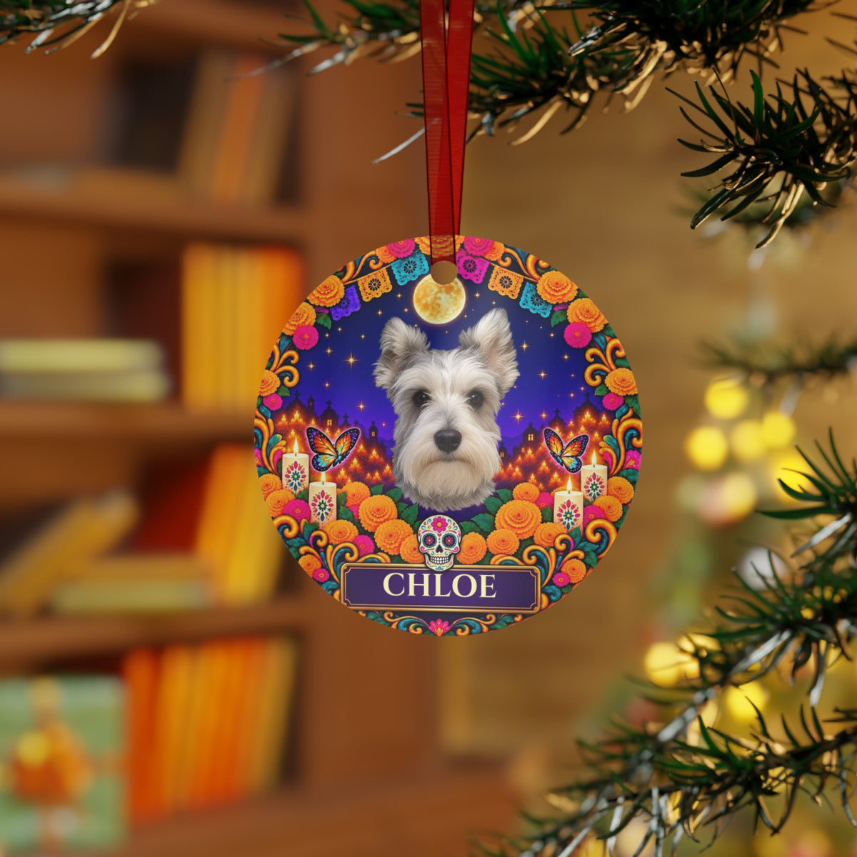 Personalized Pet Photo Ornament – Dia de los Muertos Metal Ornament with Custom Name, Dog or Cat Memorial Keepsake Gift