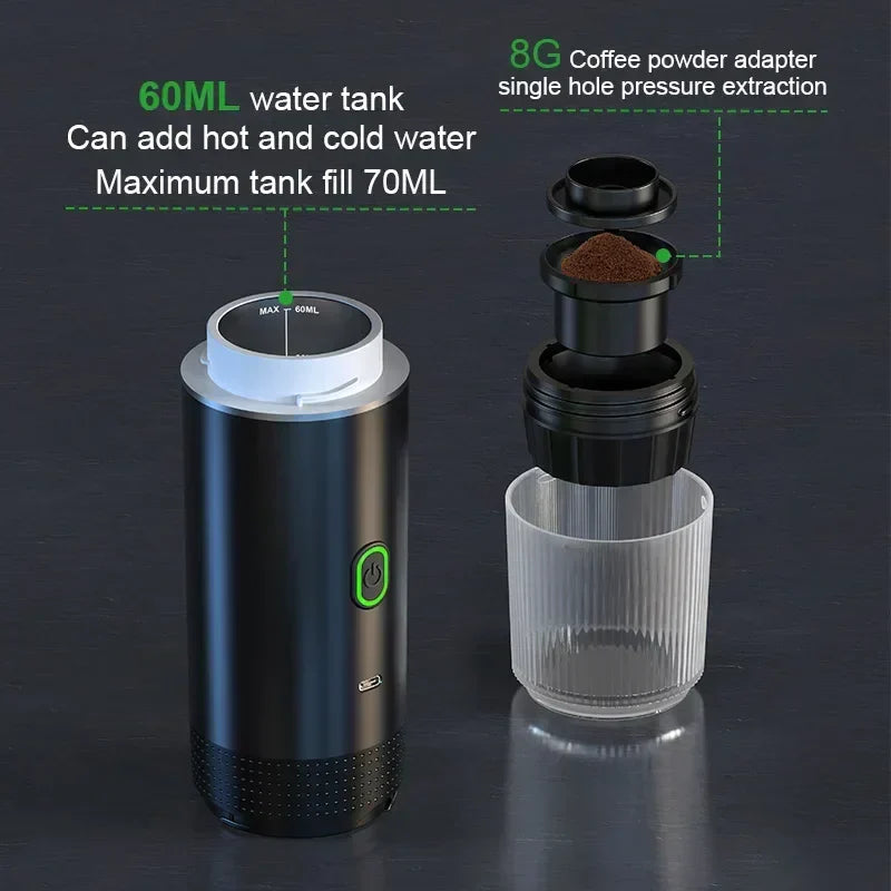 Wireless Electric Portable Espresso Coffee Machine – 3-in-1 for Car, Home & Camping