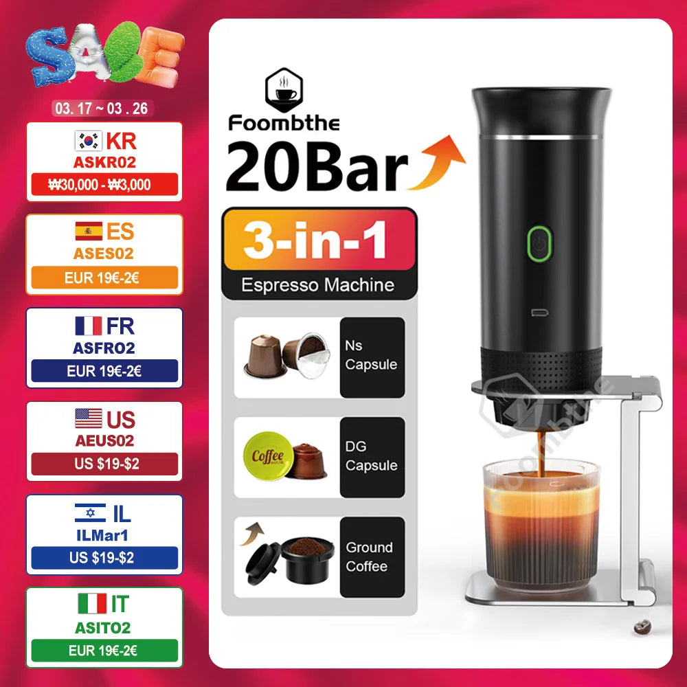 Wireless Electric Portable Espresso Coffee Machine – 3-in-1 for Car, Home & Camping